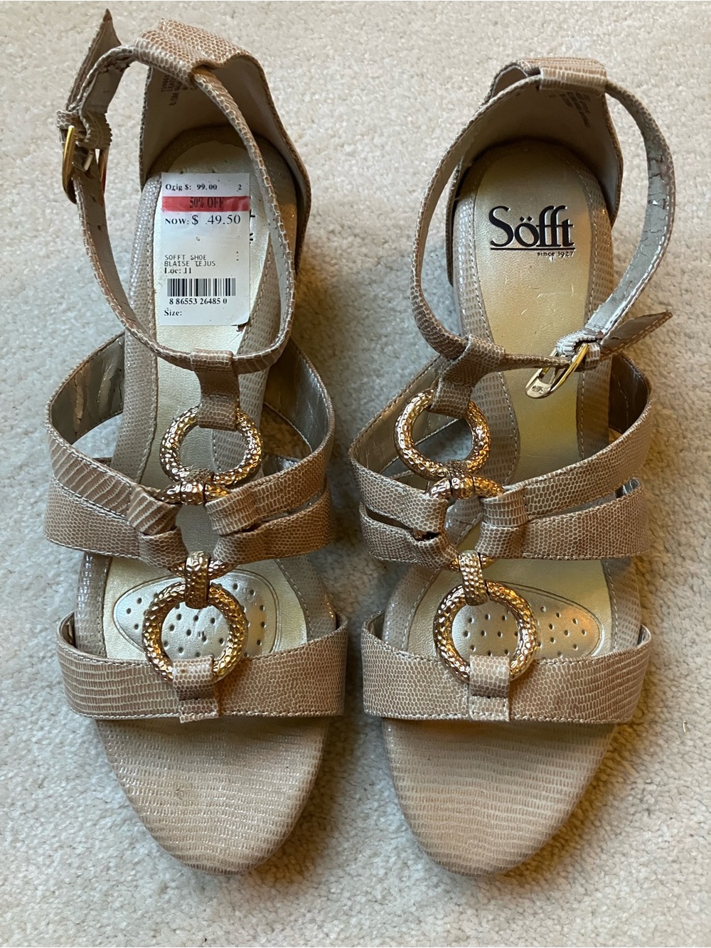 Sofft Blaise T-Strap Sandals Size 8.5 Tan Leather Upper